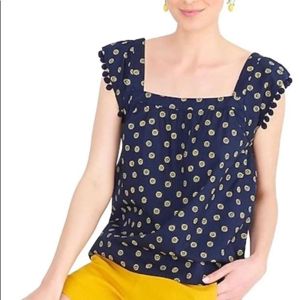 J.Crew Navy Yellow Daisy Pom-Pom Trim Cotton Top Size 12 NWT
